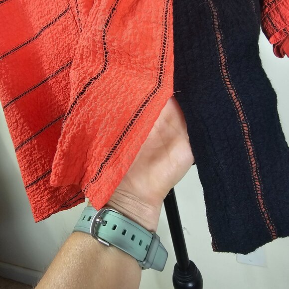 Ali Miles Orange & Black Striped Tunic L Crepe Stretch Colorblock Boho Lagenlook - Picture 6 of 9